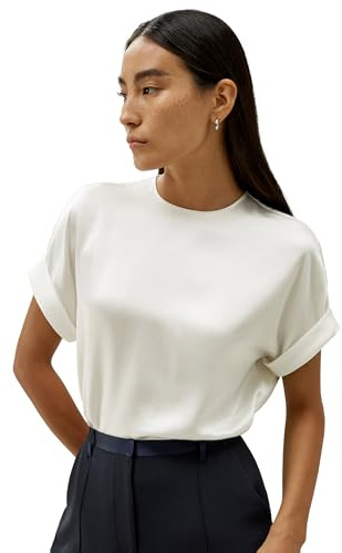 LilySilk Klassisches Seiden-Shirt Rundhausschnitt Kurzarm Design Abgewinkelte Ärmelabschlüsse Atmungsaktive Sommerbekleidung(Natürliches Weiß,M)