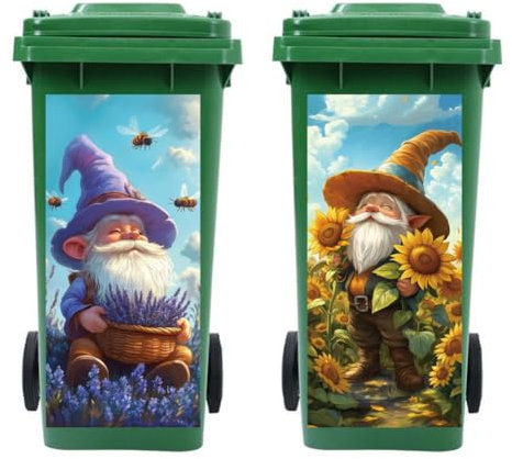 Peacoblue Wheelie Bin Stickers 2 Sheets Gnome Sticky Dustbin Stickers, 15in x 32in Waterproof Self Adhesive Large Decal for Bins, Driveway, Garden, Outdoor, Indoor Decoration