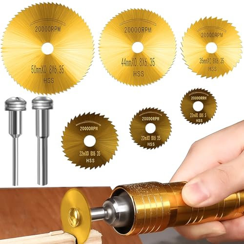 Pack of 8 Rotary Drill Saw Blades Set, HSS Mini Circular Saw Blades for Wood, Plastic, PVC - with 1/8 & 1/4 Shank Mandrel(Gold)