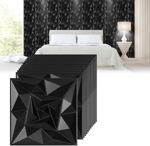 Jopassy Lot de 48 panneaux muraux 3D diamantés - 50 x 50 cm (12 m²) - Panneaux muraux 3D - Pour chambre de jeu - Panneaux décoratifs muraux en PVC imperméable - Noir mat