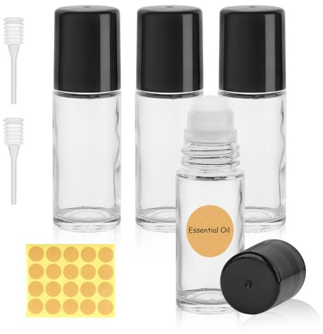 SONEER 30ML Roll on Glasflaschen für Ätherisches Öl, Transparent,4 Stück | Nachfüllbare Rollon Flaschen mit Strohhalm, Etiketten für Aromatherapie, Für Parfüm und Massage