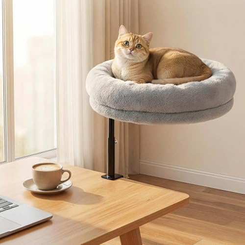 GUUSII HOME Cat Desk Bed 360° Rotatable & Height Adjustable Raised Kitten Hammock Perch Desktop Clamp Kitty Nest 43cm Diameter for Indoor Cats Up To 18kg Machine-Washable & Easy Assemblely（Grey）