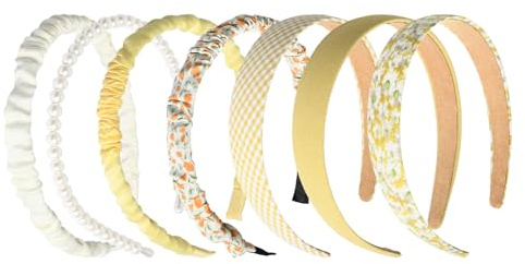 Ensemble 7 Pièces Serre Tete Femme, Polyvalent Serre Tete Fille et Enfant, Frais et Élégant, Perles Carreaux Fleurs Uni, pour Toutes Les Saisons (A Jaune, 1)