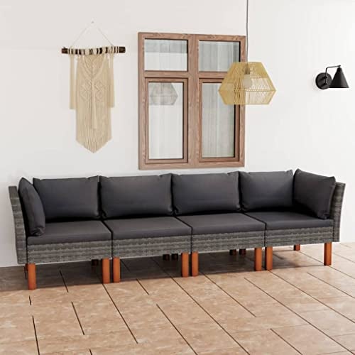 QJBSAVVA 4-Sitzer Gartensofa Set Grau Anthrazit 60,5x64,5x67 cm Poly Rattan mit abnehmbaren Kissen Modernes Design Robustes Eukalyptusholz und Stahlrahmen für Balkon Terrasse und Garten