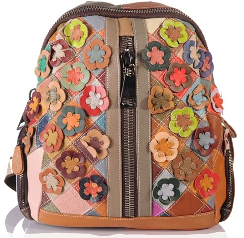 Handgefertigter City Backpack Patchwork Rucksack Blumen Leder Bunt 30674