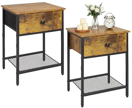 Relaxdays Nachttisch 2er Set, Schublade & Ablage, HBT: 55x40x30 cm, Industrial, Holzoptik, Metall, Nachtschrank, Farbe | HxBxT: 55x40x30 cm, Industrial, Holzoptik, Metall