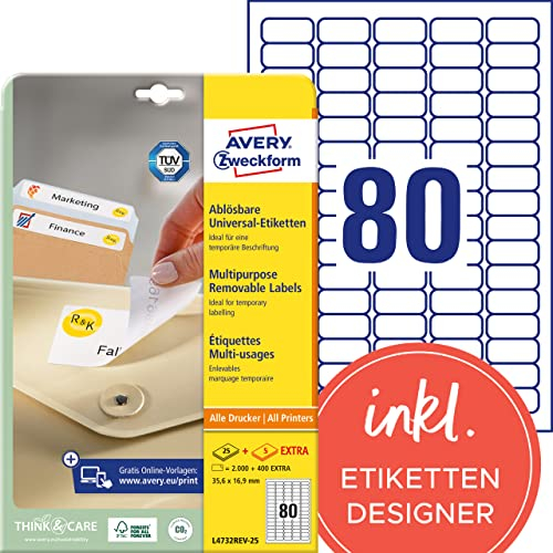AVERY Zweckform L4732REV-25 Universal Etiketten (2.000 plus 400 Klebeetiketten extra, 35,6x16,9mm auf A4, wieder rückstandsfrei ablösbar/abziehbar, bedruckbar, selbstklebende Aufkleber) 30 Blatt, weiß