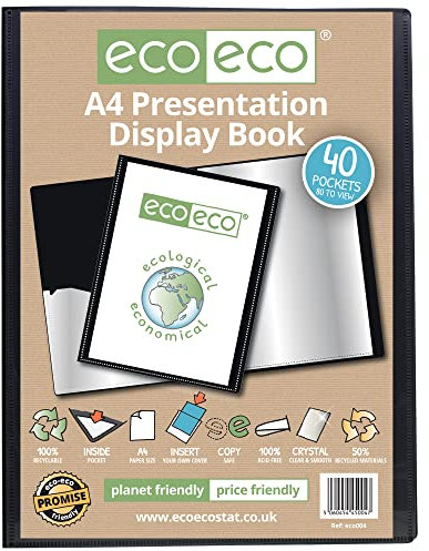 eco-eco A4 Size 50% Recycled 40 Pocket Black Presentation Display Book, Storage Case Portfolio Art Folder with Plastic Sleeves, eco004