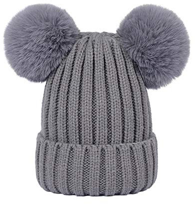Damen Unisex Mütze Strickmütze Fellbommel Bommel Strick Mütze Winter-Mütze Bommelmütze mit 2 Bommeln (Grau,M: 36-60cm)