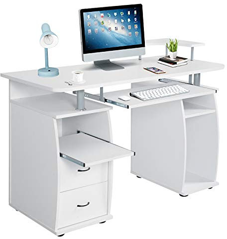 DREAMADE Scrivania per Computer Ufficio Lavoro, Tavolo Porta PC Laptop in Legno, Scrittoio per Studio con 2 Cassetti, Scomparto per Host, Ripiano rialzato, Ripiano Tastiera Scorrevole (Bianco)