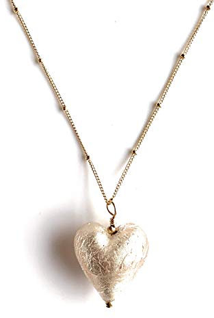 Diana Ingram necklace with champagne (peach, pink) Murano glass medium heart pendant on 22 Carat gold vermeil satellite chain