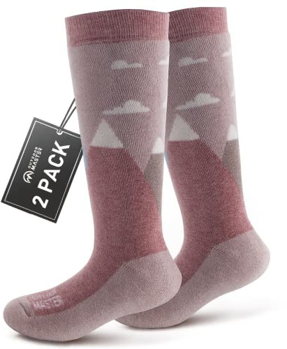 OutdoorMaster 2 Pares Unisex Lana Merino calcetines de Esquí Para Chicos & Niñas, Niño Calcetines Invierno Snowboarding Transpirables para Deportes al Aire Libre con Diseño OTC/Puño Antideslizante
