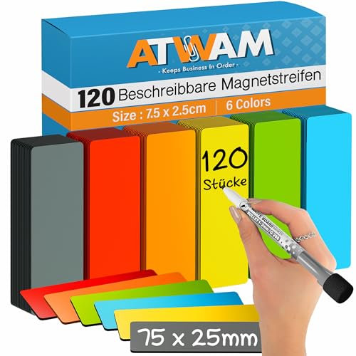 ATWAM 120 Magnetic Strips writable - Magnetic Labels 75 x 25mm - 6 Colors - Scrum & Kanban - Magnetic Notes - Whiteboard Strips for Magnetic Board, Magnetic Wall & Fridge