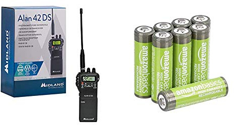 Midland Alan 42 DS CB Radio Ricetrasmittente Portatile AM/FM Multi Banda & Amazon Basics - Batterie AA ricaricabili, ad alta capacità
