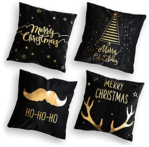 MBW 4 Stück Kissenbezug aus Mikrofaser in schwarz/Gold für Weihnachten Dekorative Kissenhüllen 45 x 45 cm Dekoration für Wohnzimmer Schlafzimmer Kinderzimmer