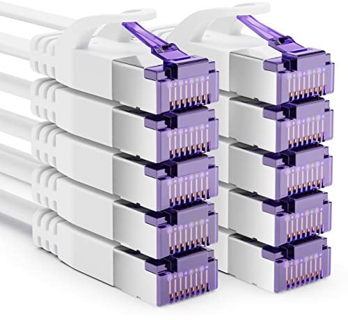deleyCON 10x 1m Plat CAT7 Câble Réseau (CAT 7 avec 10 Gbit/s) Gigabit LAN - RJ45 Ethernet Court Câble de Raccordement Plat - pour Internet Switch Routeur Modem Panneau de Brassage - Blanc