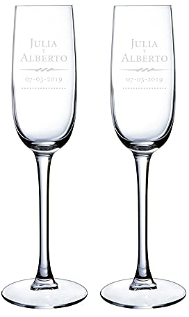 Copas de cava para parejas grabadas con nombres y fecha, copas personalizadas para regalar en aniversarios, Bodas...