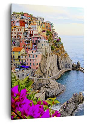 Bilder auf Leinwand Italien küste felsen landschaft Leinwandbild mit Rahmen 50x70cm Wandbilder Dekoration Wohnzimmer Schlafzimmer Küche Deko Groß Wanddeko Bild Wand Kunstdruck Art Canvas PA50x70-2684