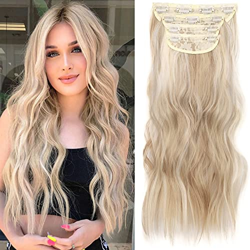 Clip in Extensions, 4-Pcs Strand Wavy Haarverlängerung Aschblond mit Blond Clips Haarteil Extensions Synthetisches Haarteil für Frauen Vollkopf Haarverlängerung Dicke Haarteile Hairpiece 50cm 077G