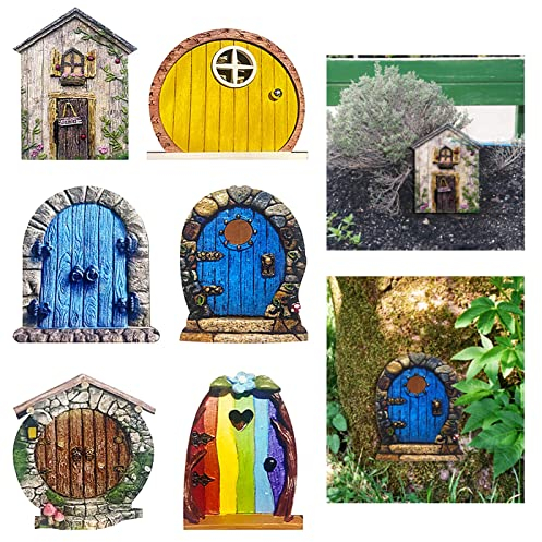Cisolen 6 Stück Feentür Holz Garten Feentür für Baum Mini-Feengartentür Miniatur Fairy Dekorationen Für Bäume Hof Kunst Fee Puppenhaus