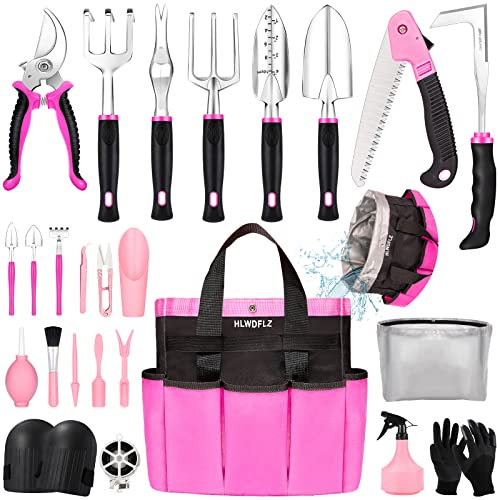 HLWDFLZ Rosa Gartenwerkzeug-Set, Gartenarbeit, Geschenke für Frauen, 24 Stück, robuste Gartenwerkzeuge mit Abnehmbarer Aufbewahrungstasche, Sukkulenten-Werkzeug-Set, Unkrautjäter