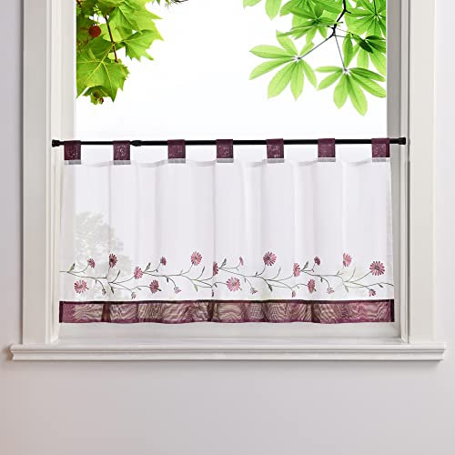 HeichkelL Bestickte Scheibengardine Voile Kurzstores mit Schlaufen Pastorale Küchengardinen Landhausstil Bistrogardine Violett BxH 140x45 cm
