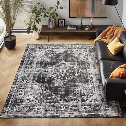 Waschbarer Teppich Flachgewebe Robust Modernes Design Vintage Optik rutschfest Teppich Wohnzimmer, Farbe: Schwarz, Größe: 120 x 170 cm