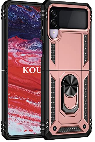 KOUYI Coque pour Samsung Galaxy Z Flip 3 5G,Double Couche Renforcée Défense Bumper TPU Silicone Antichoc Armure Housse Etui avec Anneau Support pour Samsung Galaxy Z Flip 3 5G (Or Rose)