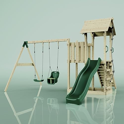 Rebo Spielturm mit Wellenrutsche, Kinder-Schaukel und Baby-Schaukel | Outdoor Klettergerüst Garten mit Plattform | Kletterseil und Kletterleiter | Stabile Konstruktion