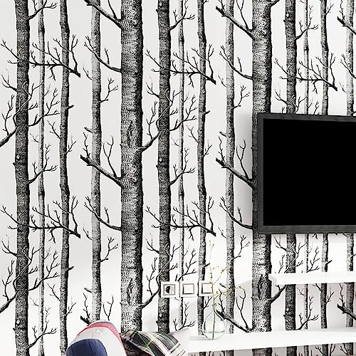 CCFENG - Papier peint intissé 10 m x 0,53 m - Motif branches abstraites en noir et blanc - Avec troncs de bouleau et branches - Convient pour les murs de fond de TV, salle à manger et salon