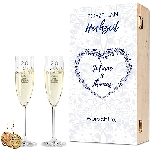 Leonardo Sektgläser mit Gravur - Porzellanhochzeit 20 Jahre - Personalisiert mit Namen & Datum inkl. Holzkiste - Geschenk zur Hochzeit Verlobung Jahrestag - Farbe: Sekt