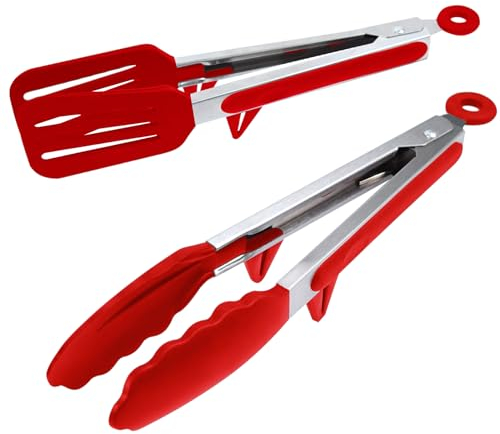 Goalfly Silicone Tongs Set, 26 cm Spatula Tong and 26 cm Food Tong, Kitchen Tongs with Resting Gadget, Suitable for Frying, Cooking, Serving