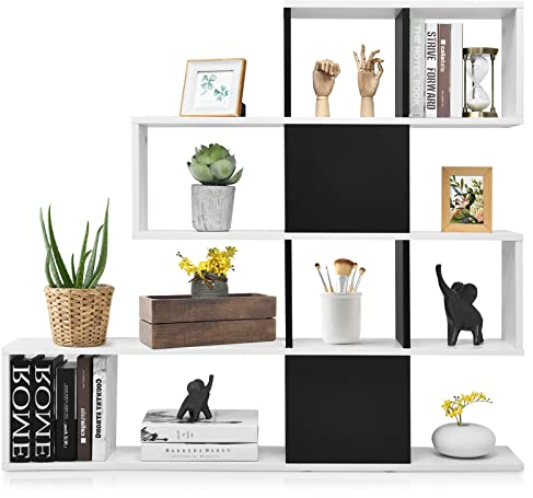 GIANTEX Libreria a Forma di Scala a 4 Piani, Libreria Geometrica Moderno con 10 Scomparti Aperti, Organizzatore di Cubi, Espositore e Scaffale per Soggiorno, Camera, Ufficio, 2 Colori (Bianco+Nero)