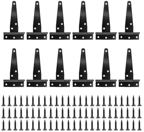 YIXNSW 12 Stück T Scharnier T Scharnier Schwarz 10x6,3cm mit 72 Stück Schwarzen Schrauben T Scharnier T Riemen Scharnier für Tore Schuppentüren Fenster Schrank Scheunentore