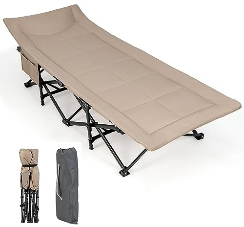 TANGZON Folding Camp Bed for Adults, 27 Extra Wide Padded Camping Cot with Headrest Design & Side Pocket, 180KG Capacity Heavy Duty Sturdy Sleeping Cot Single Person for Travel Beach Office (Khaki)