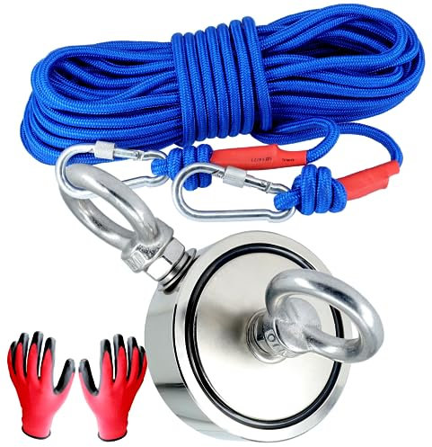 Neodym Magnet Magnetangel Set - 75mm - 500KG Zugkraft Mit 2 M10 Ösen - Bergemagnet Magnetfischen Komplettset mit 20m Seil Wasserfeste Handschuhe zum Magnet Fischen