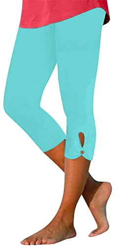 Lange Hose Lässige, bequeme, bedruckte Damen-Strand-Leggings mit hoher Taille und elastischer, verkürzter Hose im Resort-Stil Weihnachten Outfit Familie Halloween Kostüm Hut (2-Light Blue, L)