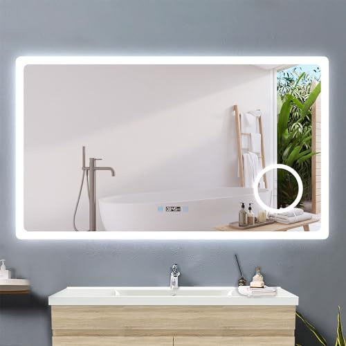 Acezanble Badspiegel mit Beleuchtung 140x80cm,LED Spiegel mit Uhr Touch Beschlagfrei 3-Fach Schminkspiegel,Badspiegel 3 Lichtfarbe Dimmbar mit Memory,Energiesparend Wandspiegel Lichtspiegel
