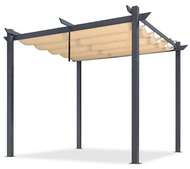PURPLE LEAF 3 X 3 M Metal Pergola with Retractable Roof, Charcoal Grey Frame, Large Garden Pergola for BBQ, Outdoor and Patio, Beige