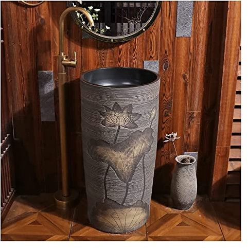 Art Bathroom Basin Sink with Full Pedestal, Vessel Sink Combo Toilets Basins Handmade with Faucet and Drain Installation Hole (With mirror)