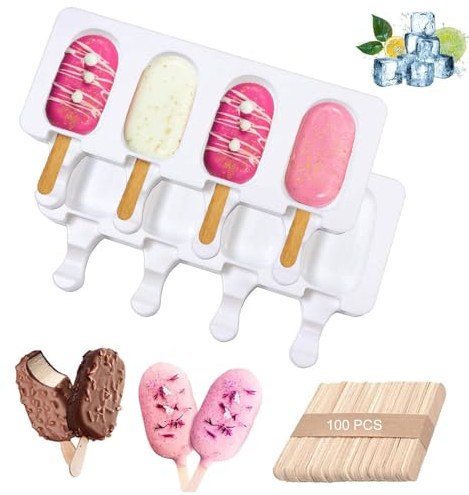 Moules à Glace Silicone,Lot de 2 Moules Ovales à 4 Cavités, Moule Magnum Cake, en Silicone Réutilisables Antiadhésifs Moule Cake (100 Bâtonnets en Bois)