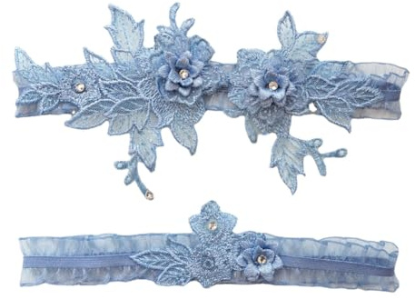 Hrlace 2 Stück Strumpfband Set Hochzeit Brautstrumpfband Stickerei Spitze Blumen Strumpfbänder Sexy Stretchy Schenkel Band Schenkel Ring für Damen Mädchen Braut Hochzeit Zubehör Blau Einheitsgröße