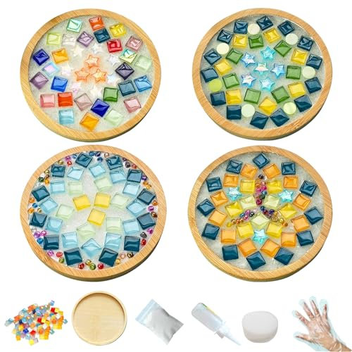 Pasdrucn 4 Stück DIY-Mosaik-Untersetzer-Set, Mosaik Untersetzer Bastelbedarf, Mosaik Bastelset Kinder Erwachsene, Porzellan-Mosaik -Kit Für Die Herstellung Von Untersetzern (Runden)