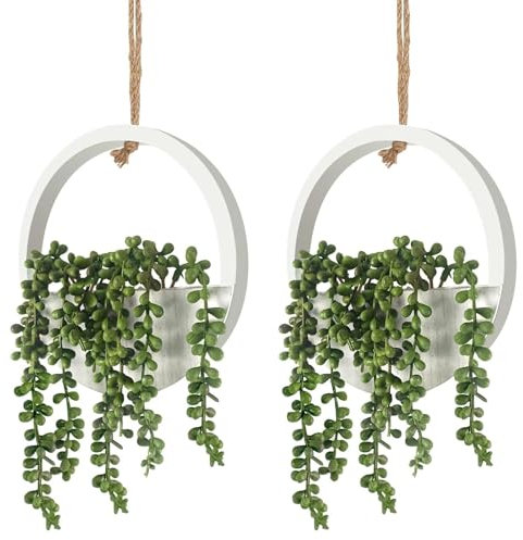 Funvalley Surperfect Plantas suculentas artificiales colgantes, 2 piezas de perlas de imitación en maceta con cordón de 8.3 pulgadas para decoración de pared interior y exterior