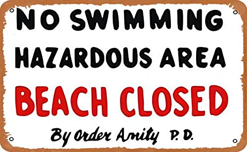 Vintage-Blechschild Amity Island Poster Jaws Filmposter Druck Strand geschlossen Schild Kein Schwimmen Kult Klassische Heimkunst Wandkunst Geschenk Wanddekoration Dekorationen Kunst Poster Geschenk
