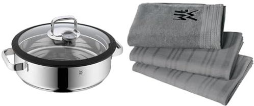 WMF Vitalis - Fuente Redondo de Cocción al Vapor 28 cm Diámetro, Tapa de Cristal & Set 3 Paños de Cocina, Algodón, gris, 3 Unidades