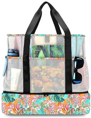 UYLIA Large Tote Mesh Beach Bag with Cooler for Women Men, Durable 8 Pockets Sandproof Waterproof Foldable for Pool Swimming and Travel Daily Use (Colorful leaves)