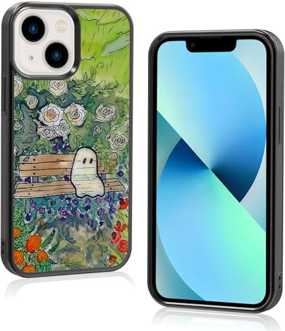 Onemiliayears Green Cute Ghost Flower Watercolor Botanical Phone Case, Spooky Sad Ghost Garden Halloween Aesthetic Phone Case for iPhone 13 Mini for Teen Girls and Boys, Women and Men（iPhone-13 Mini