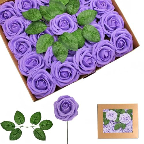 Rose Schiuma Viola,Teste di Fiori Artificiali 25 Pezzi,Rose Finte Schiuma Teste di Rose Con Foglie,Rosa Artificiali in Gommapiuma per Matrimonio Bouquet Sposa Torte DIY Cimitero Decorazioni