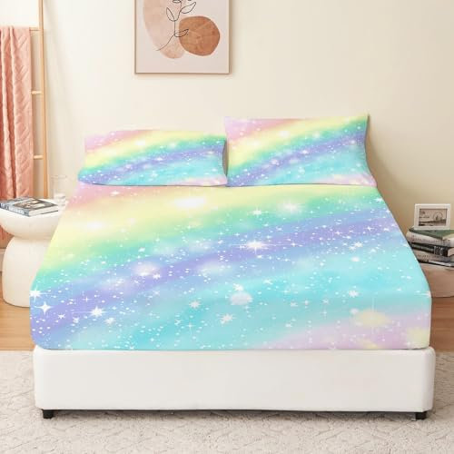 Spannbettlaken Glitzernder Regenbogen Und Sterne 90 x 200 cm Bunt, Spannbetttuch Rund-um Elastischem Gummizug, Mikrofaser Weich Bettlaken Bed Sheets für bis 30 cm Matraze